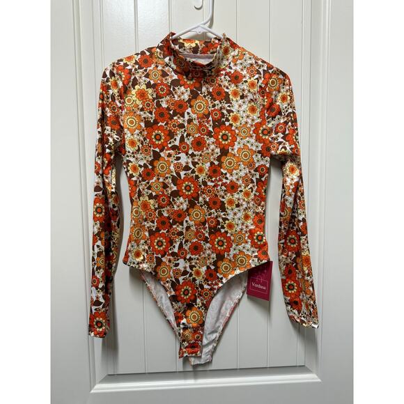 Women's High Neck Long Sleeve Floral Print Bodysuit Leotard Fall costume  Small - Picture 2 of 8